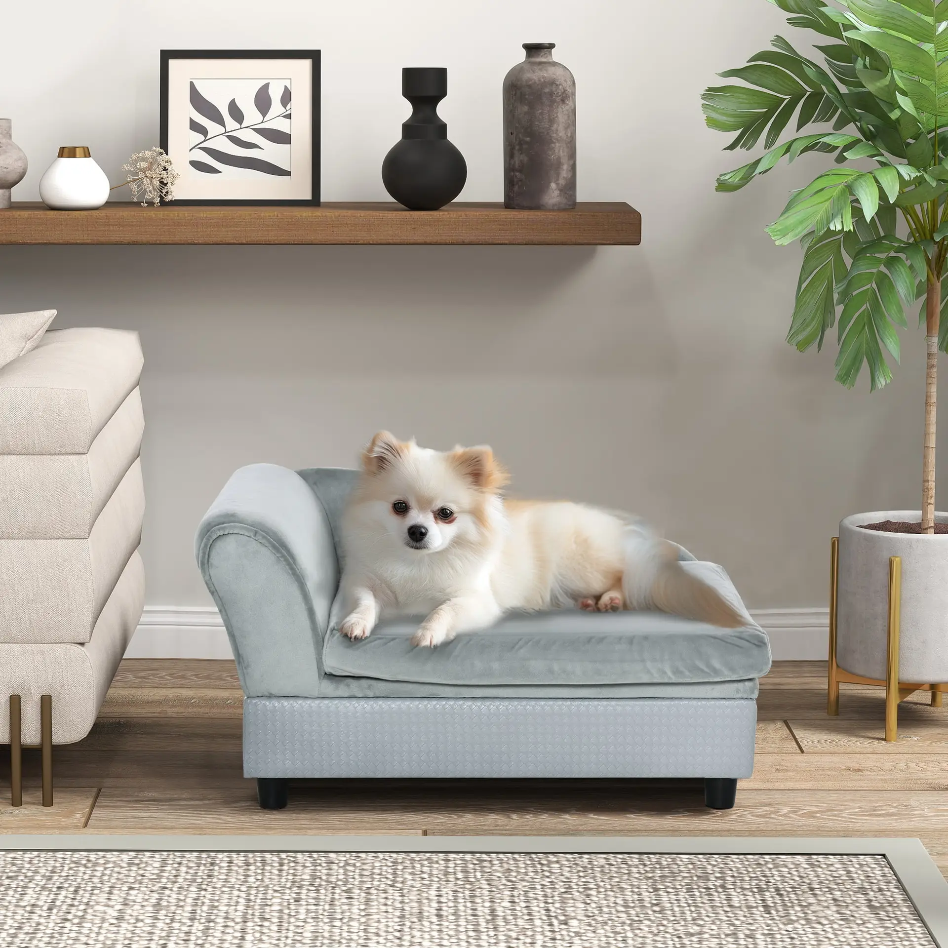 Luxury Fancy Dog Couch with Hidden Storage, Small Dog Sofa Bed with 2″ Soft Foam, Modern Pet Furniture for Puppies & Little Breeds, Pale Gray