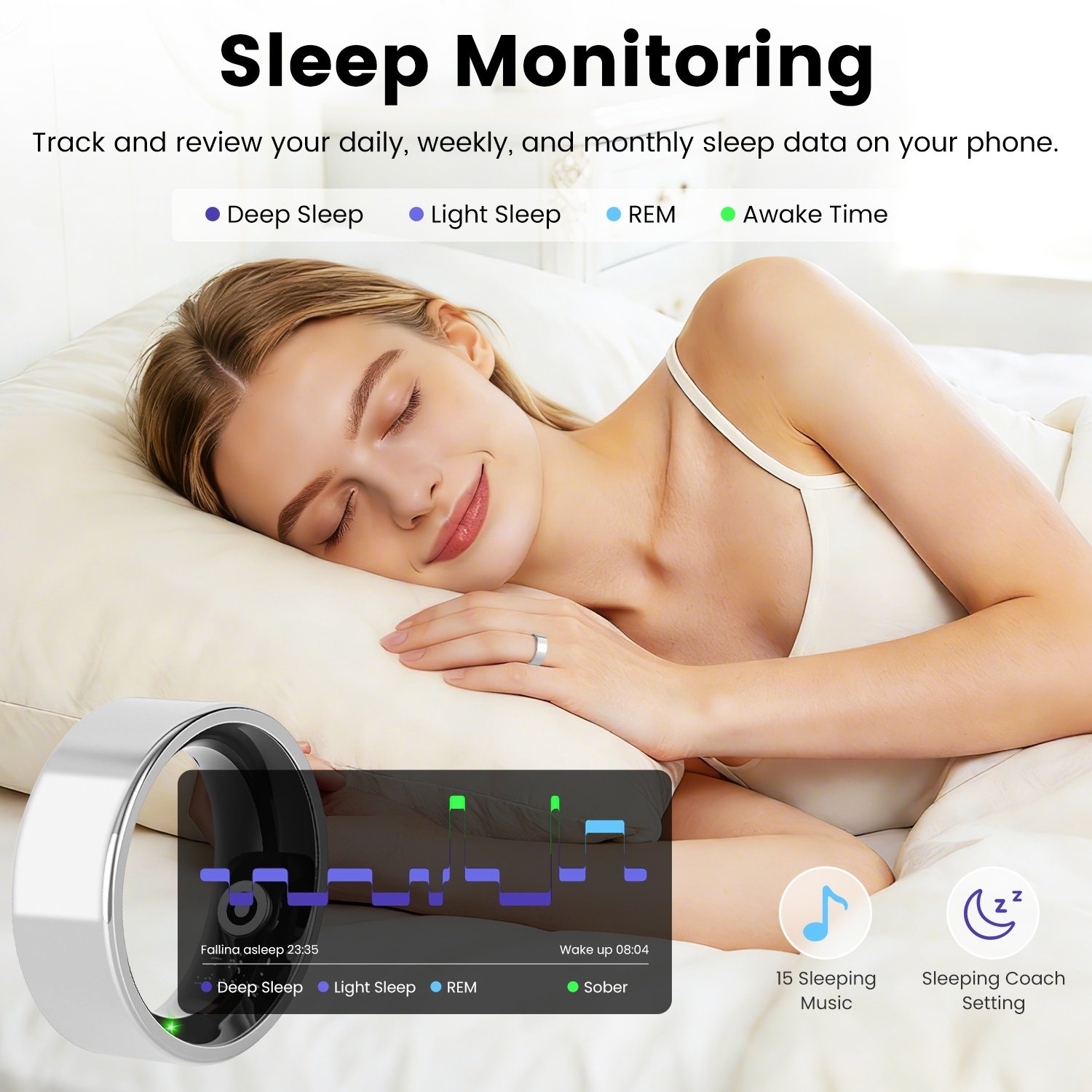 Smart Ring Health Tracker Fitness Sleep Stress HRV Tracker With Charging Case Magnetic Charging Cable For Women & Men Compatible With IOS & Android 7-Day Battery Life Size7 Size8 Size9 Size10 - Image 9