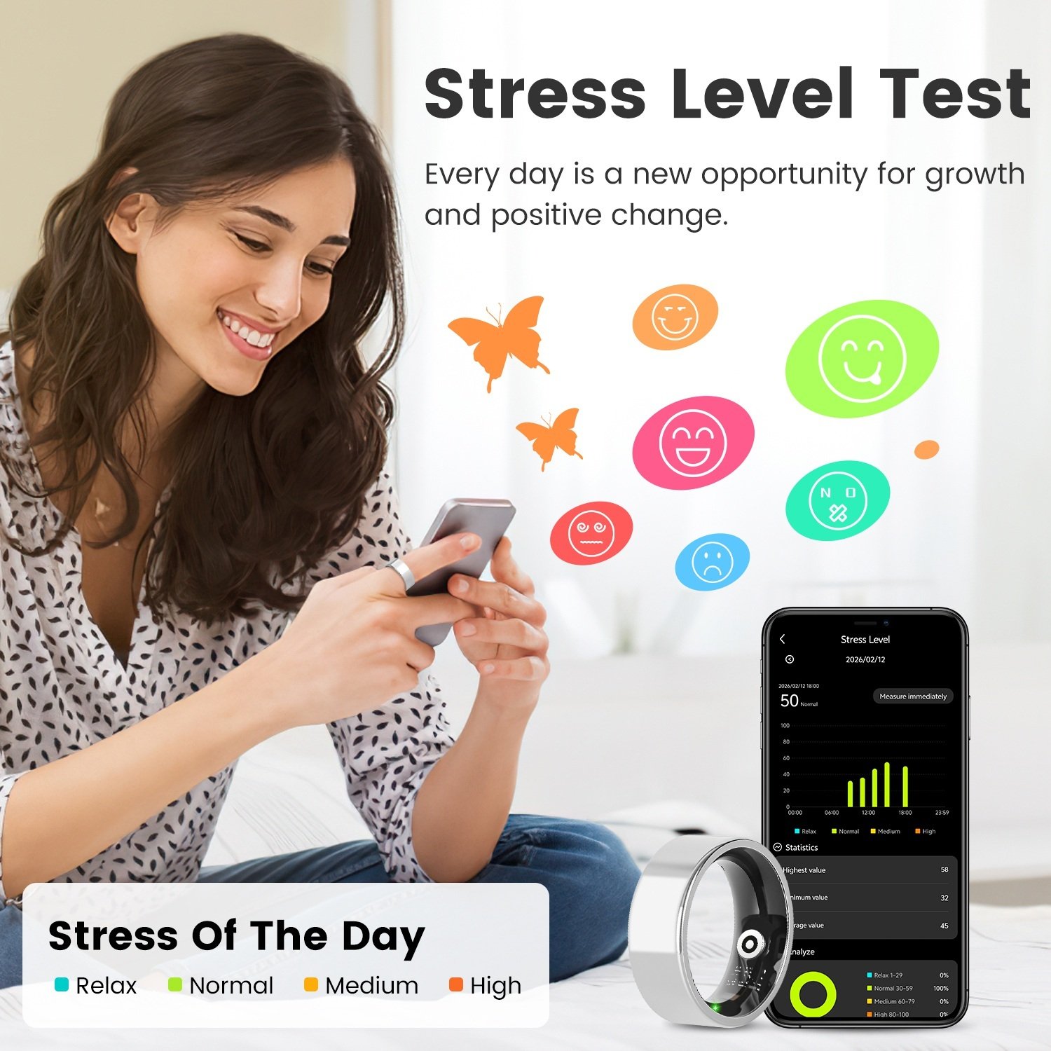 Smart Ring Health Tracker Fitness Sleep Stress HRV Tracker With Charging Case Magnetic Charging Cable For Women & Men Compatible With IOS & Android 7-Day Battery Life Size7 Size8 Size9 Size10 - Image 10