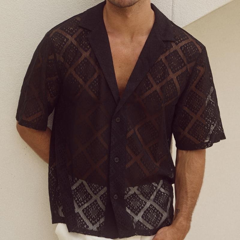 Fashion Mens Clothing Men's Hollow-out Breathable Short-sleeved Lapel Casual Shirt - Image 5
