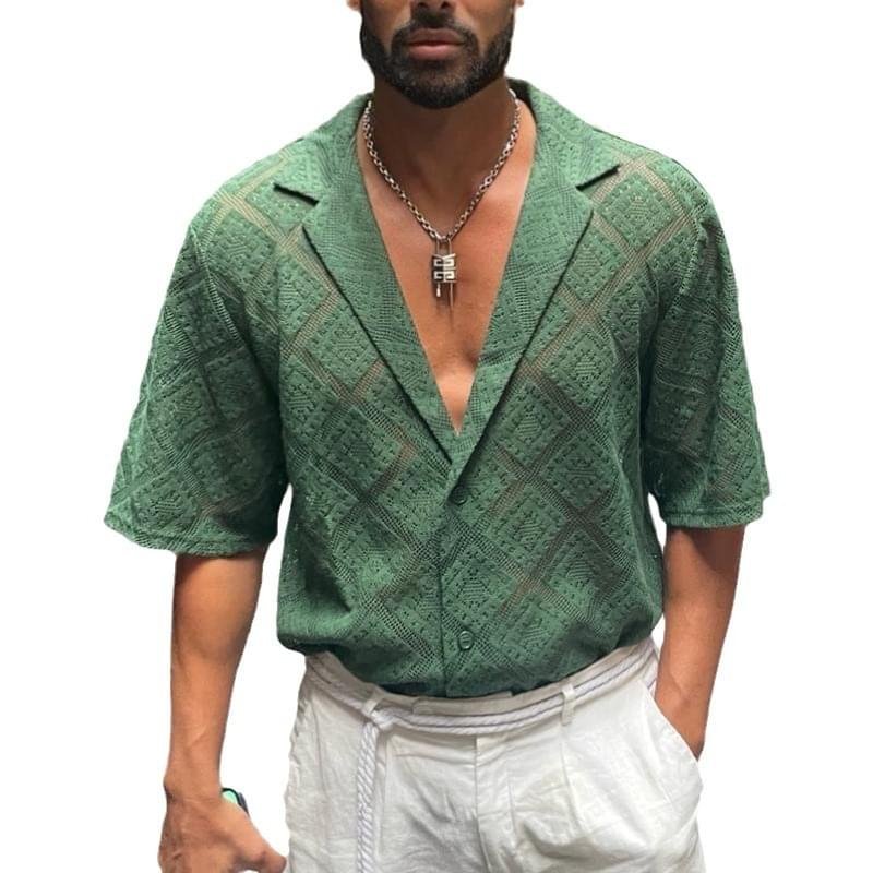 Fashion Mens Clothing Men's Hollow-out Breathable Short-sleeved Lapel Casual Shirt - Image 4