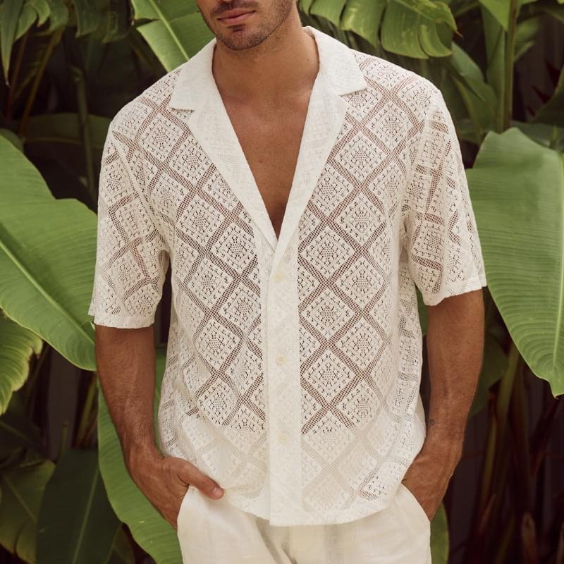 Fashion Mens Clothing Men's Hollow-out Breathable Short-sleeved Lapel Casual Shirt - Image 2